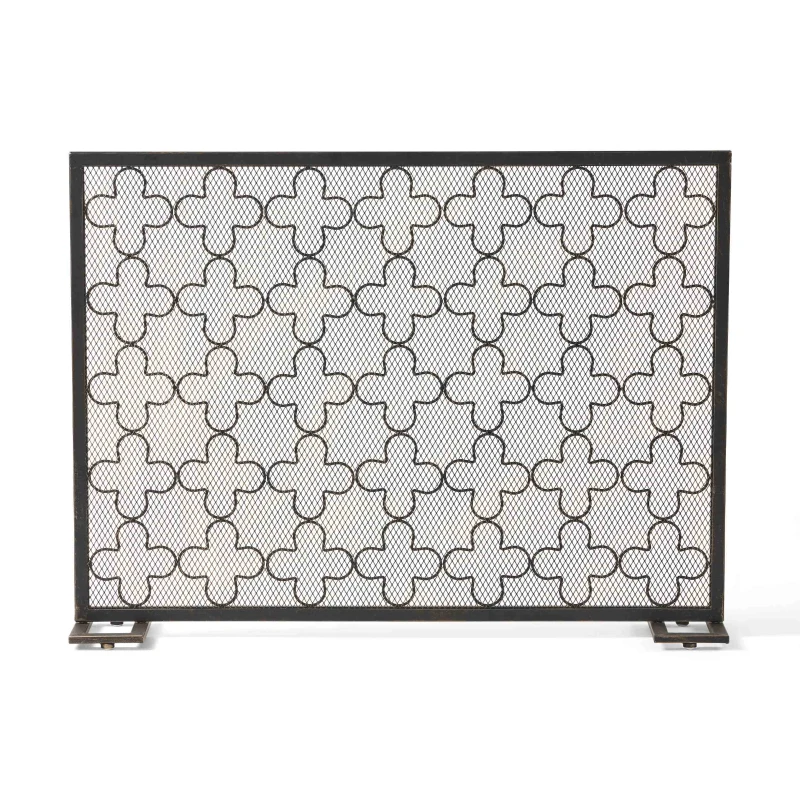 Modern Iron Fire Screen with Single Panel Design and Fine Mesh, Geometric Pattern, and Easy Assembly, 41" L x 8" W x 30.75" H, Black+Gold