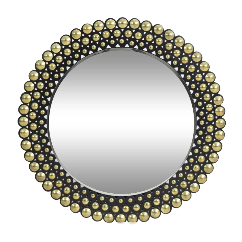 Contemporary Studded Round Wall Mirror, Tempered Glass with Iron Frame, Hand-Crafted, No Assembly Required, 35.5" x 35.5", Black