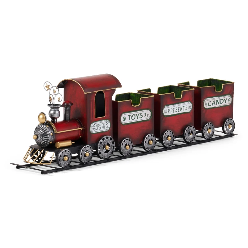 Dark Red Metal Train with Three Cars Decor, Collectible Model with Storage, 37.25"x7.6"x11", Red