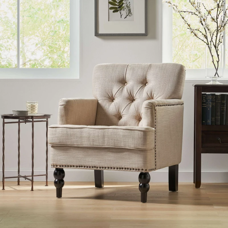 Modern Accent Tufted Club Chair with Button Tufted Diamond Stitch, Nailhead Accents, Birch Wood Legs, 28" L x 31.75" W x 35" H, Beige