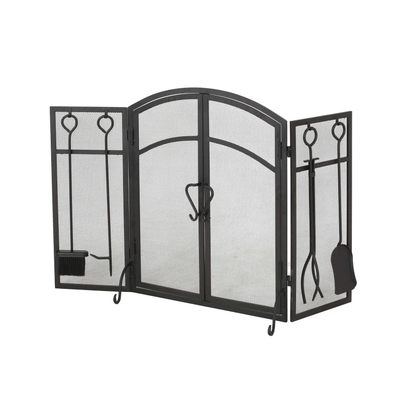 Iron Folding Fireplace Screen with Doors and 4-Piece Tool Set, Matte Finish, 50.5" x 5.5" x 32", Matte Black
