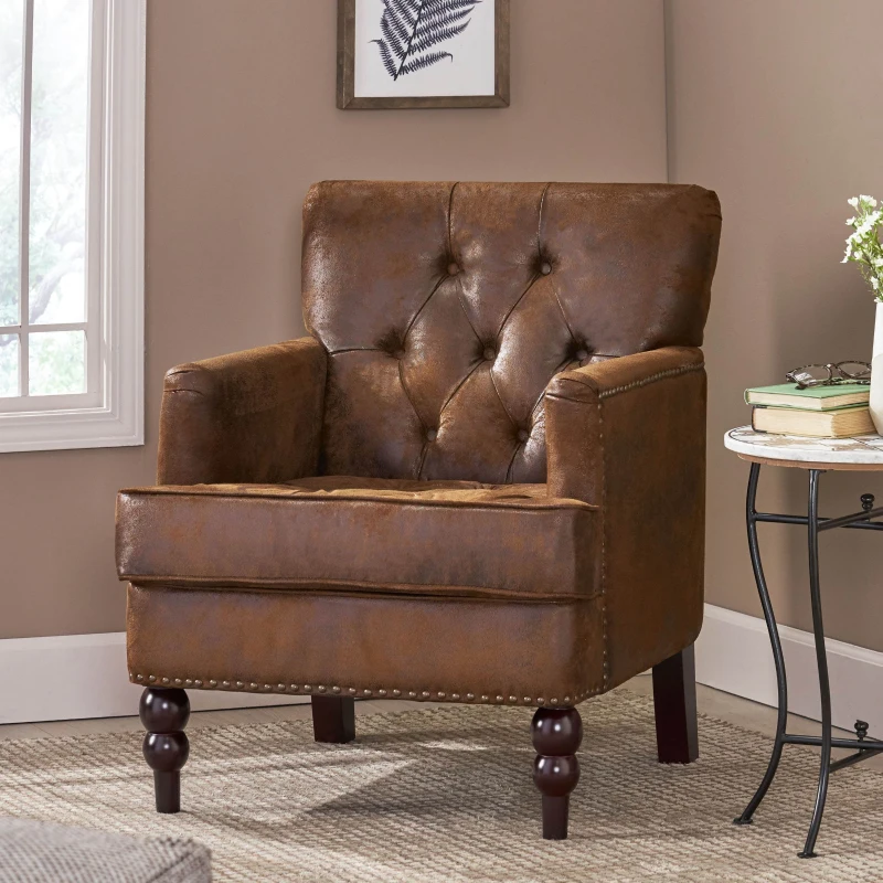 Modern Accent Tufted Club Chair with Rivet Design and Birch Wood Legs, Button Tufted Diamond Stitch, 28" L x 31.75" W x 35" H, Brown