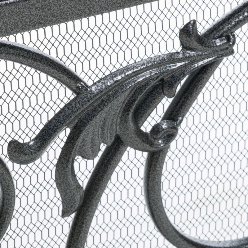 Traditional Fireplace Screen with Victorian Inspired Design, Wrought Iron with Ornate Detailing, 44.5" L x 9.75" W x 35" H, Black+Silver