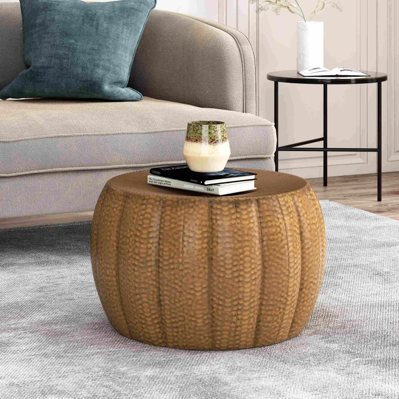 Modern Iron Sunburst Pumpkin Coffee Table, No Assembly Required, 23" L x 23" W x 14" H, Antique Bronze