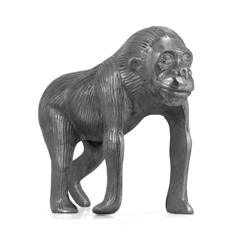 Handcrafted Aluminum Ape Figurine with Polished Silver Finish, Detailed Fur and Facial Features, 14" L x 5.5" W x 12.5" H, Gray