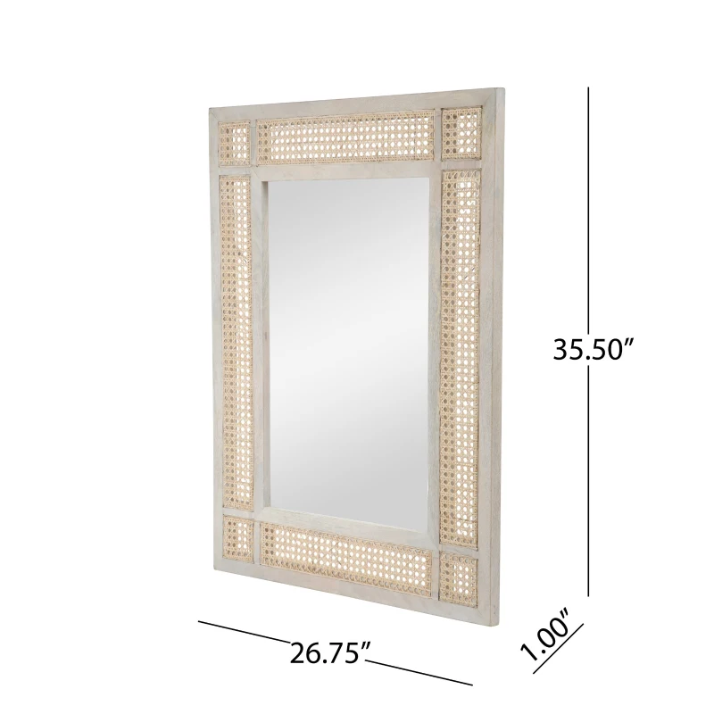 Modern Accent Rectangle Wall Mirror with Mango Wood Frame, Handcrafted Wicker Cane Border, 26.75" L x 1" W x 35.5" H, Natural