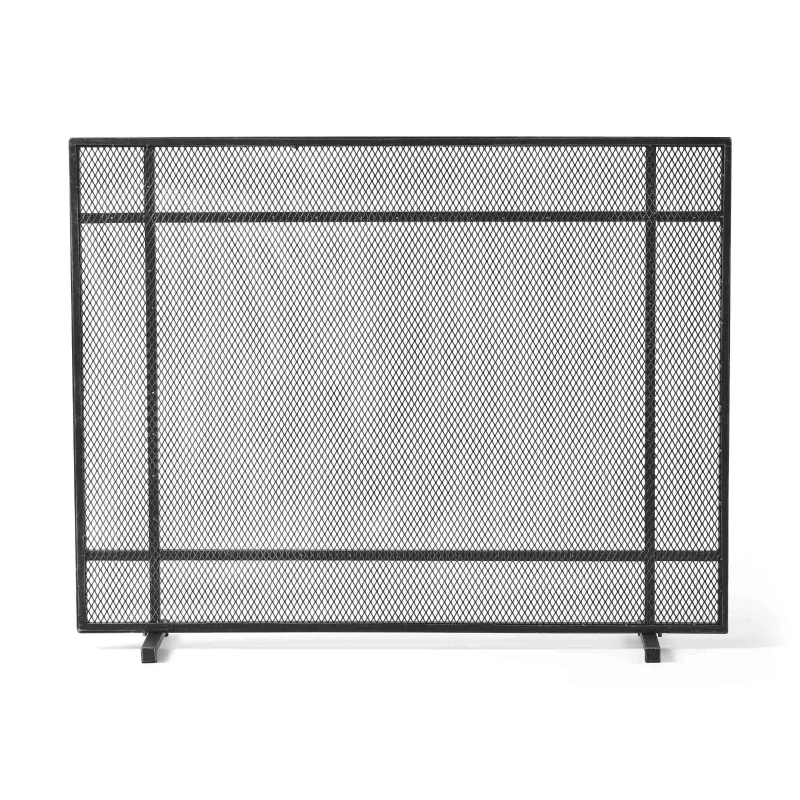 Modern Iron Fire Screen with Single Panel Design and Fine Mesh, Geometric Pattern, and Easy Assembly, 41" L x 9.75" W x 31.75" H, Black+Silver