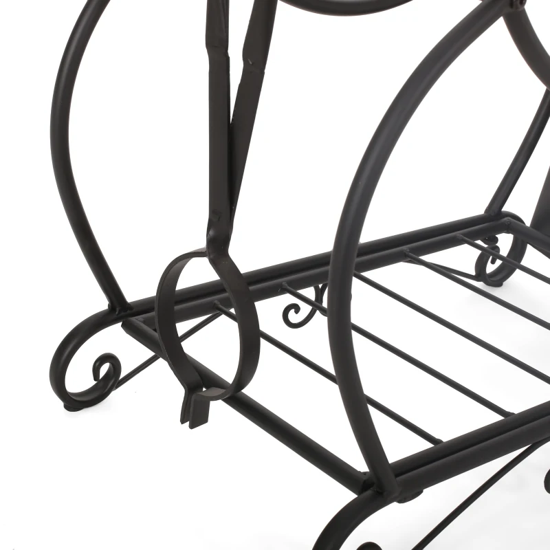 Traditional Fireplace Log Rack and Tool Set, Iron Construction with Shovel, Brush, Tongs, and Log Holder, 23.25" L x 11.75" W x 29.25" H, Matte Black