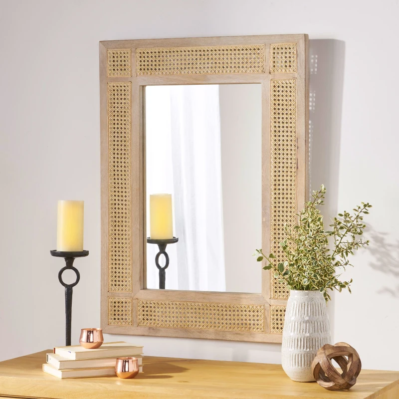 Modern Accent Rectangle Wall Mirror with Mango Wood Frame, Handcrafted Wicker Cane Border, 26.75" L x 1" W x 35.5" H, Natural