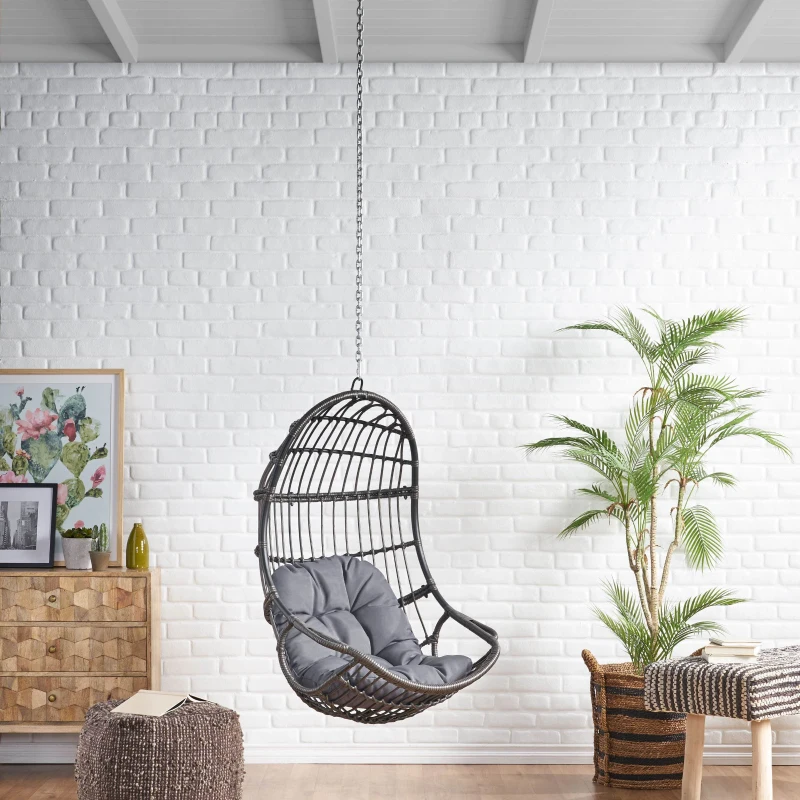 Outdoor/Indoor Wicker Swing Hanging Chair with 8ft Chain, Water-Resistant Cushions, Faux Rattan, 300 lbs Capacity, 30" L x 31.5" W x 44.5" H, Gray