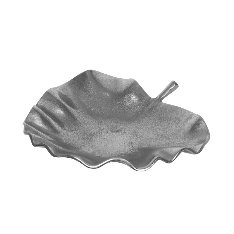 Modern Aluminum Decorative Leaf Plate, Handmade Design, Antique Nickel Finish, 15" L x 14" W x 3" H, Silver