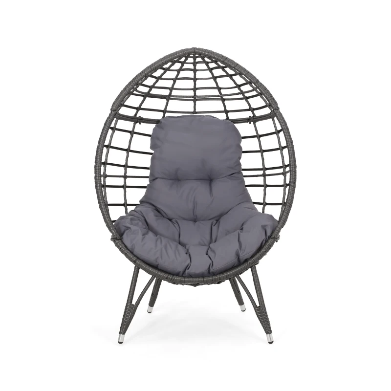 Vinsetto Indoor Teardrop Wicker Chair with Water-Resistant Cushions, Hand-Crafted Faux Rattan and Iron Frame, 38.5" L x 29.5" W x 58" H, Gray