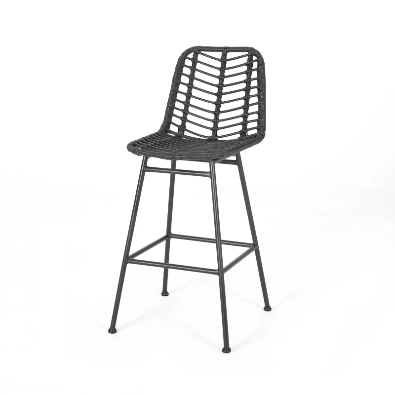 Accent Outdoor Wicker Barstools Set of 2, Hand-Wrapped Faux Rattan, Iron Frame, Assembly Required, 20.25" L x 21.75" W x 43" H, Gray