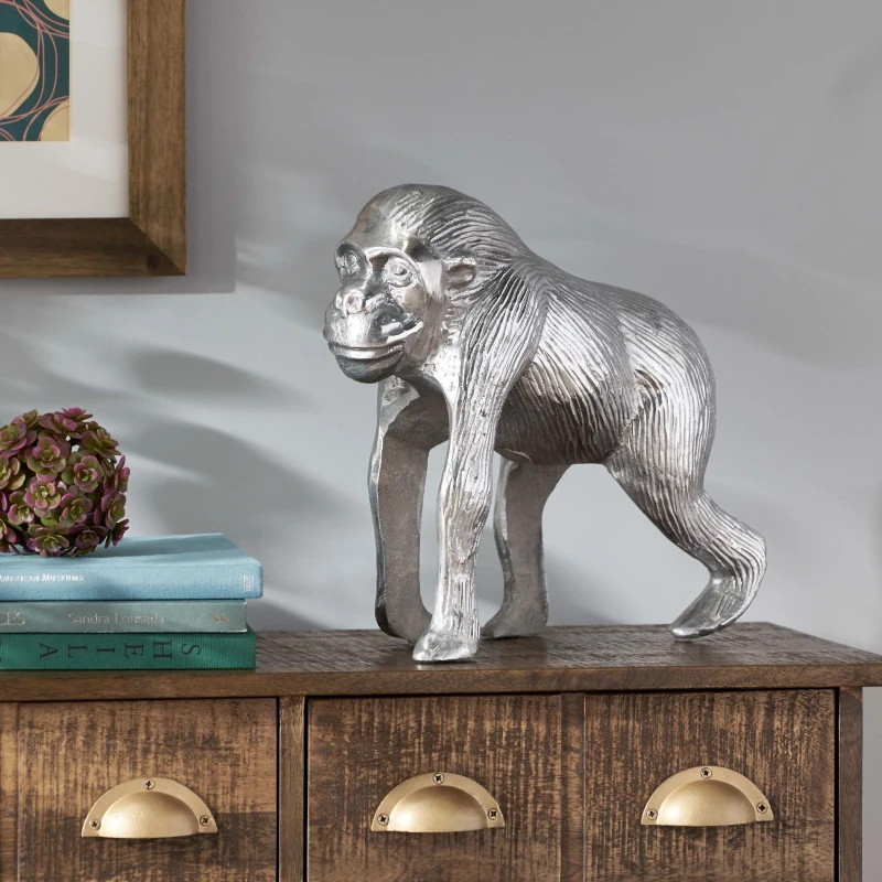 Handcrafted Aluminum Ape Figurine with Polished Silver Finish, Detailed Fur and Facial Features, 14" L x 5.5" W x 12.5" H, Gray
