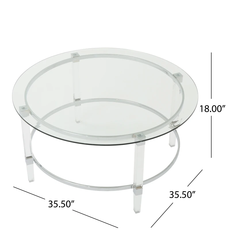 Clear Tempered Glass Round Coffee Table with Iron and Acrylic Frame, Modern Living Room Centerpiece, 35.5" L x 35.5" W x 18" H, Clear