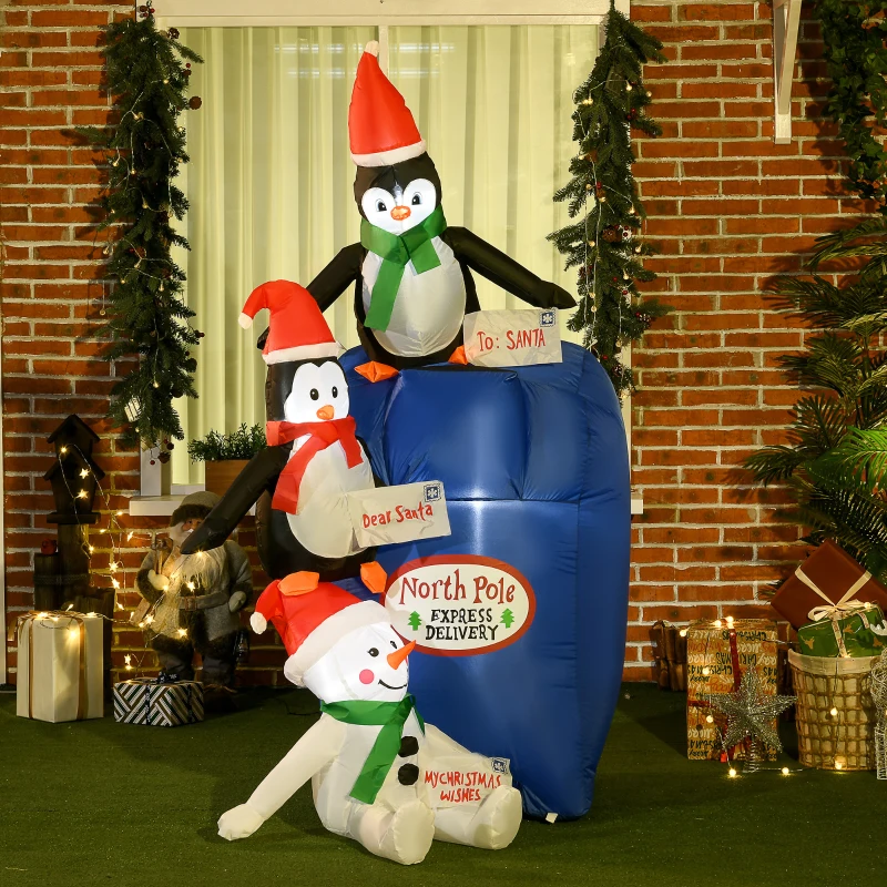 HOMCOM 6ft Christmas Inflatables Outdoor Decorations North Pole Mailbox with Penguins and Snowman, Blow-Up Yard Christmas Decor with LED Lights Display