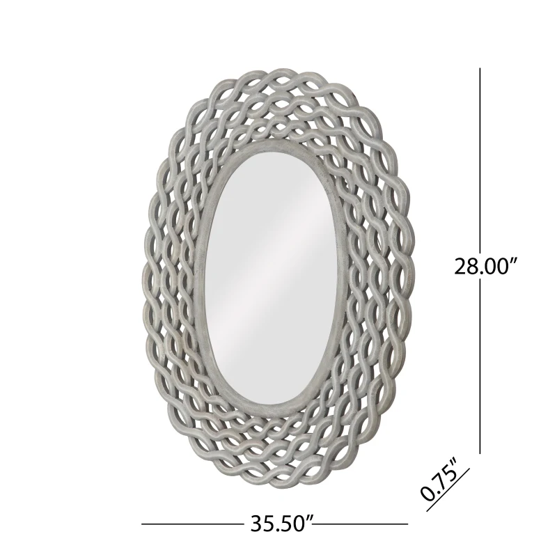 Modern Accent Wall Mirror with Handcrafted Design, Braided Border and Distressed Finish, 35.5" L x 0.7" W x 28" H, Grey