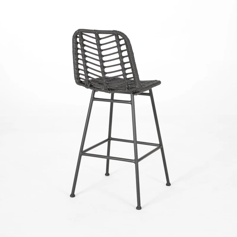 Accent Outdoor Wicker Barstools Set of 2, Hand-Wrapped Faux Rattan, Iron Frame, Assembly Required, 20.25" L x 21.75" W x 43" H, Gray