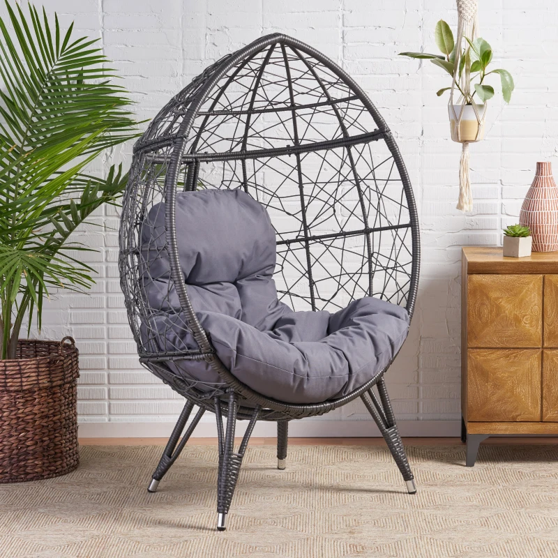 Outdoor Wicker Teardrop Chair with Water-Resistant Cushions, Faux Rattan Iron Frame, Handcrafted Detailing, 38.5" L x 30.75" W x 57.25" H, Gray
