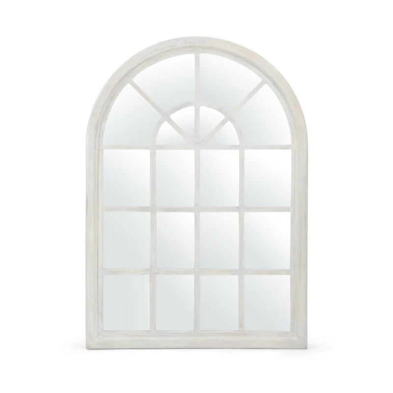 Traditional Arched Windowpane Mirror, Handcrafted Mango Wood Frame, Ready to Hang, 31" L x 1.25" W x 44" H, White