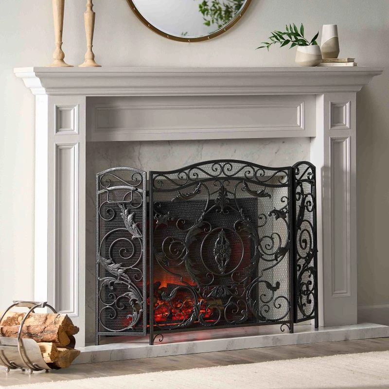 Retro style Fireplace Screen with Ornate Floral Iron Design and Three-Panel, No Assembly Required, 53.5" L x 2" W x 36.5" H, Black+Silver