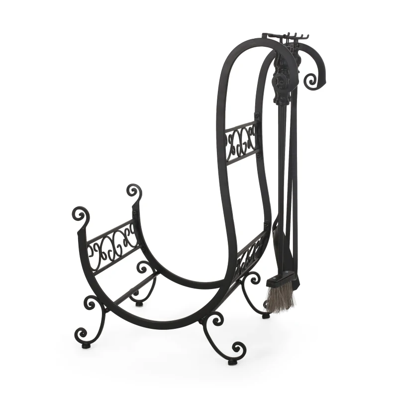 Fireplace Log Rack and Tool Set, Iron Construction with Shovel, Brush, Tongs, and Log Holder, 22" L x 16" W x 31" H, Matte Black