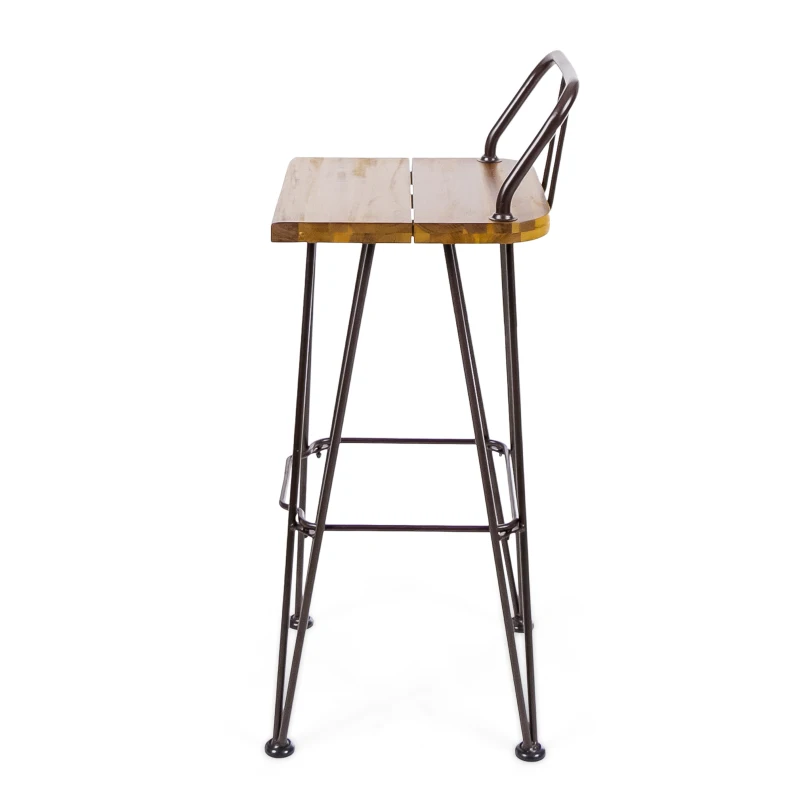 Industrial Wood and Metal Barstool Set of 2 with Powder-Coated Iron Frame, Acacia Wood Seat, and Built-In Footrest, Accent Outdoor Patio Seating, 16.5" L x 17" W x 37.5" H, Brown