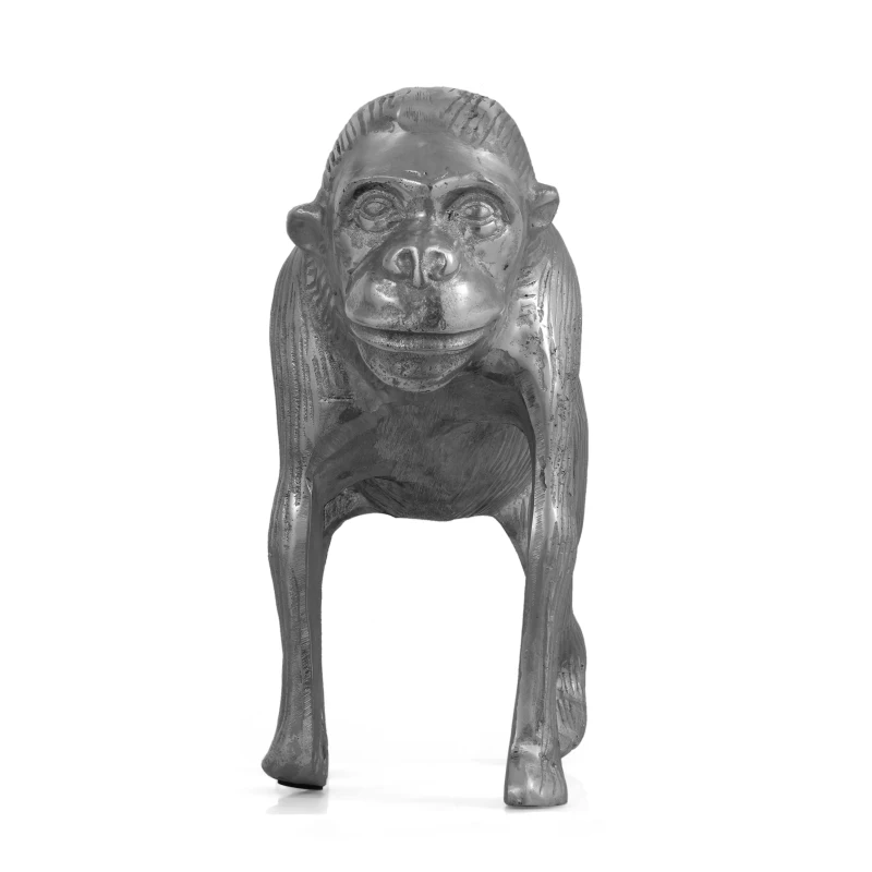 Handcrafted Aluminum Ape Figurine with Polished Silver Finish, Detailed Fur and Facial Features, 14" L x 5.5" W x 12.5" H, Gray