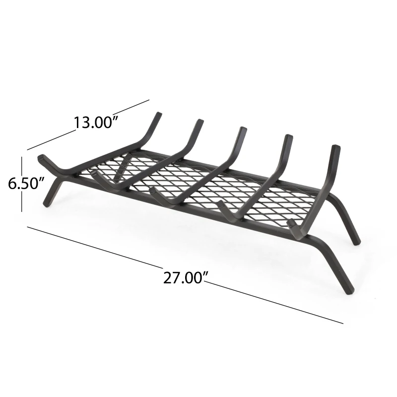 Mid Century Modern Iron Fireplace Log Holder, No Assembly Required, 27" L x 13" W x 6.5" H, Matte Black