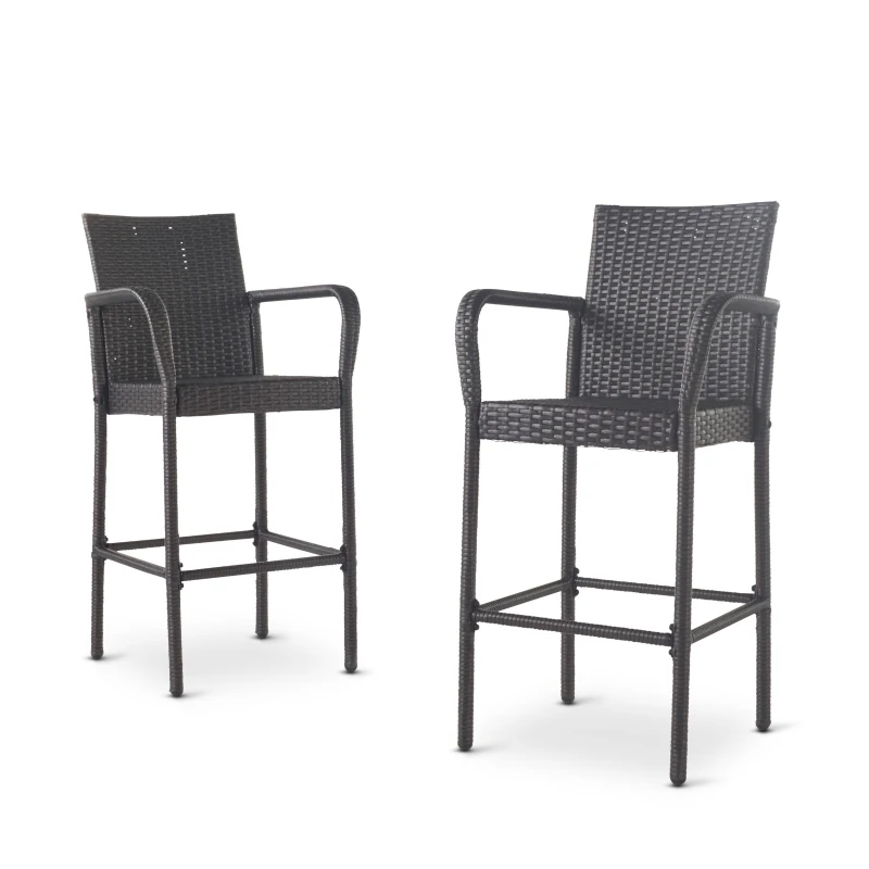 Outdoor Wicker Barstools Set of 2, Faux Rattan with Metal Frame, Weather Resistant, 24.8" L x 24.35" W x 46.5" H, Gray