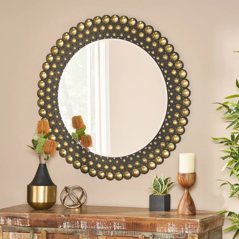 Contemporary Studded Round Wall Mirror, Tempered Glass with Iron Frame, Hand-Crafted, No Assembly Required, 35.5" x 35.5", Black