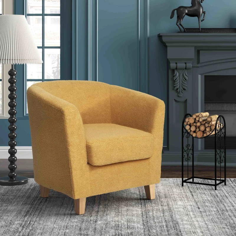 Contemporary Club Chair with Fabric Upholstery and Birch Wood Legs, Easy Assembly, 30.5"L x 29"W x 29.75"H, Mustard yellow