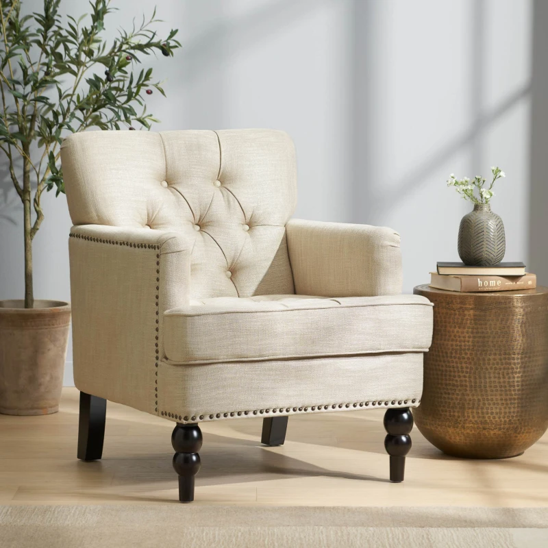 Modern Accent Tufted Club Chair with Button Tufted Diamond Stitch, Nailhead Accents, Birch Wood Legs, 28" L x 31.75" W x 35" H, Beige