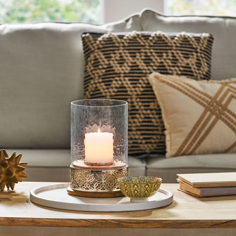 Boho Handcrafted Mango Wood Hurricane Candle Holder with Tempered Glass Cover and Metal Accents, 6.75" x 6.75" x 9.5", Natural