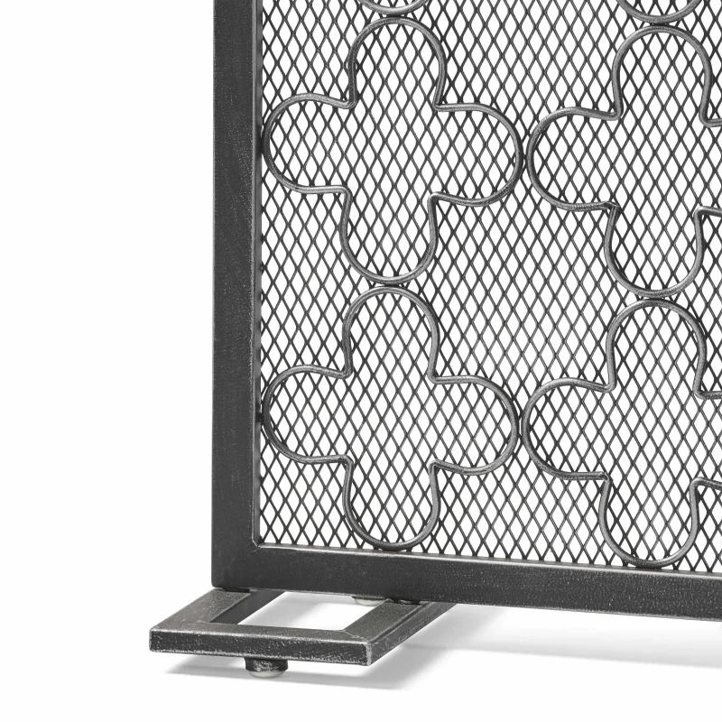 Modern Iron Fire Screen with Single Panel Design and Fine Mesh, Geometric Pattern, and Easy Assembly, 41" L x 8" W x 30.75" H, Black+Silver