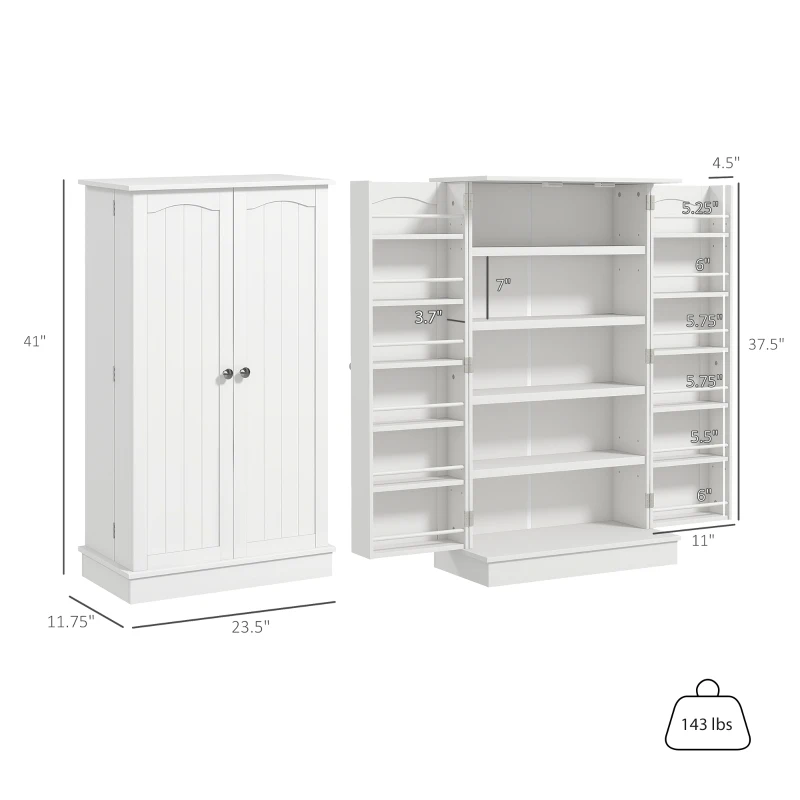 HOMCOM Freestanding Kitchen Pantry Cabinet, Kitchen Sideboard Cabinet with 12 Door Shelves, Double Doors, 5-tier Shelving, Paper White