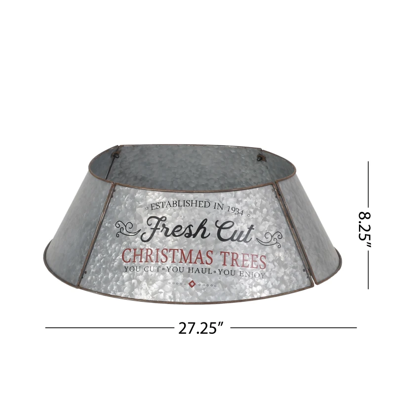 Christmas Tree Collar with Antique Silver Finish, Hammered Look, Galvanized Iron, Easy Assembly, 27.25" x 27.25" x 8.25", Silver