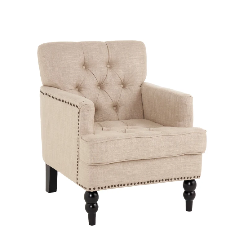 Modern Accent Tufted Club Chair with Button Tufted Diamond Stitch, Nailhead Accents, Birch Wood Legs, 28" L x 31.75" W x 35" H, Beige