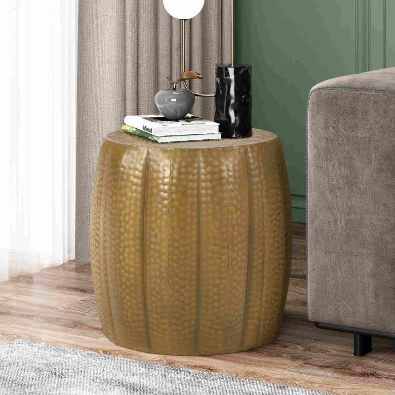 Metal Drum End Table with Lightweight and Durable Iron Construction, Mandala-Inspired Tabletop, No Assembly Required, 18.25" x 18.25" x 17.25", Gold