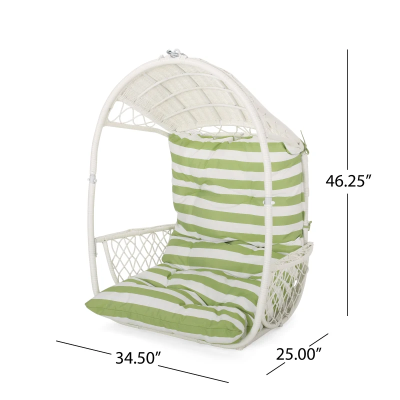 Outdoor/Indoor Wicker Hanging Chair with Water-Resistant Cushions and Faux Rattan, Professional Installation Required, 34.5" L x 25" W x 46.25" H, White+Green