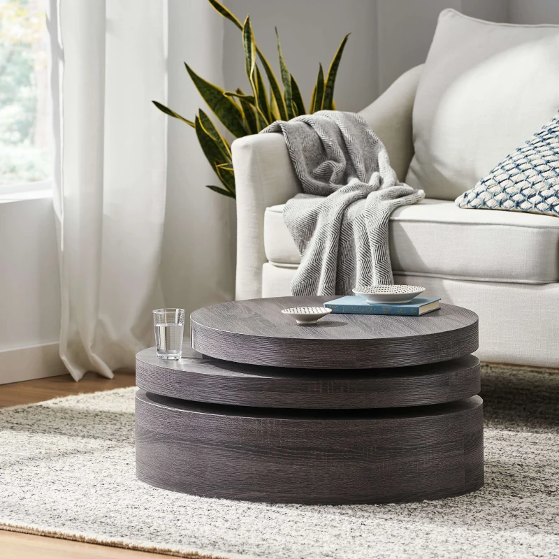 Vinsetto Modern Rotating Coffee Table with 3-Layer Oval Design and Swivel Top, Sturdy Plywood Construction, 31.5" x 23.75" x 13", Black