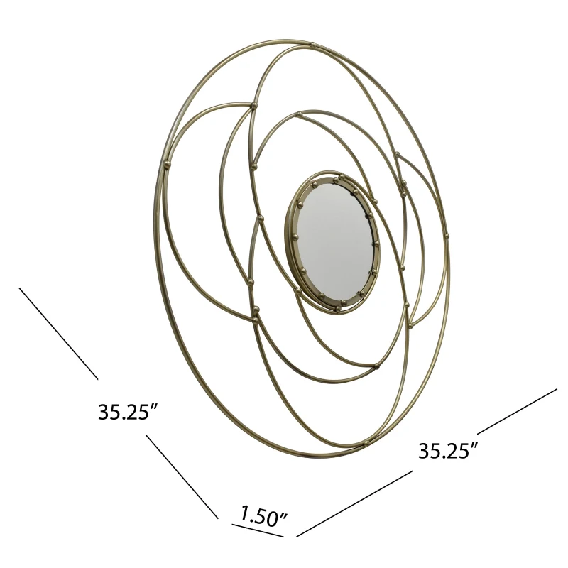 Round Flower Patterned Wall Mirror with Stainless Steel Frame, No Assembly Required, 35.25" L x 35.25" W x 1.5" H, Gold