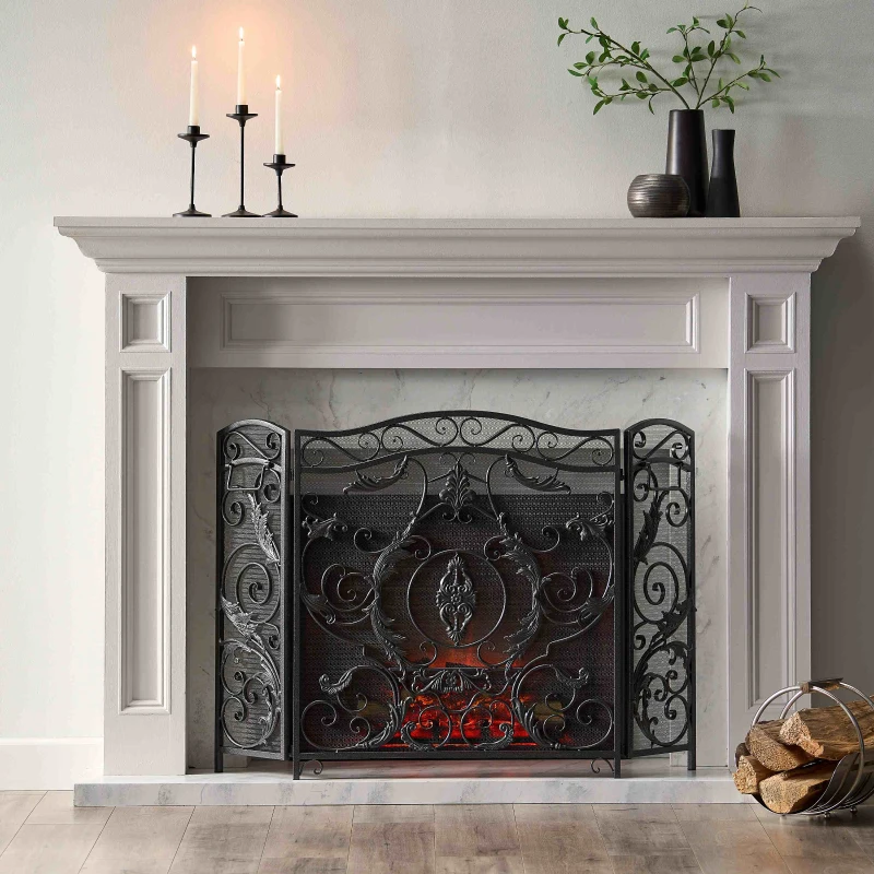 Retro style Fireplace Screen with Ornate Floral Iron Design and Three-Panel, No Assembly Required, 53.5" L x 2" W x 36.5" H, Black+Silver