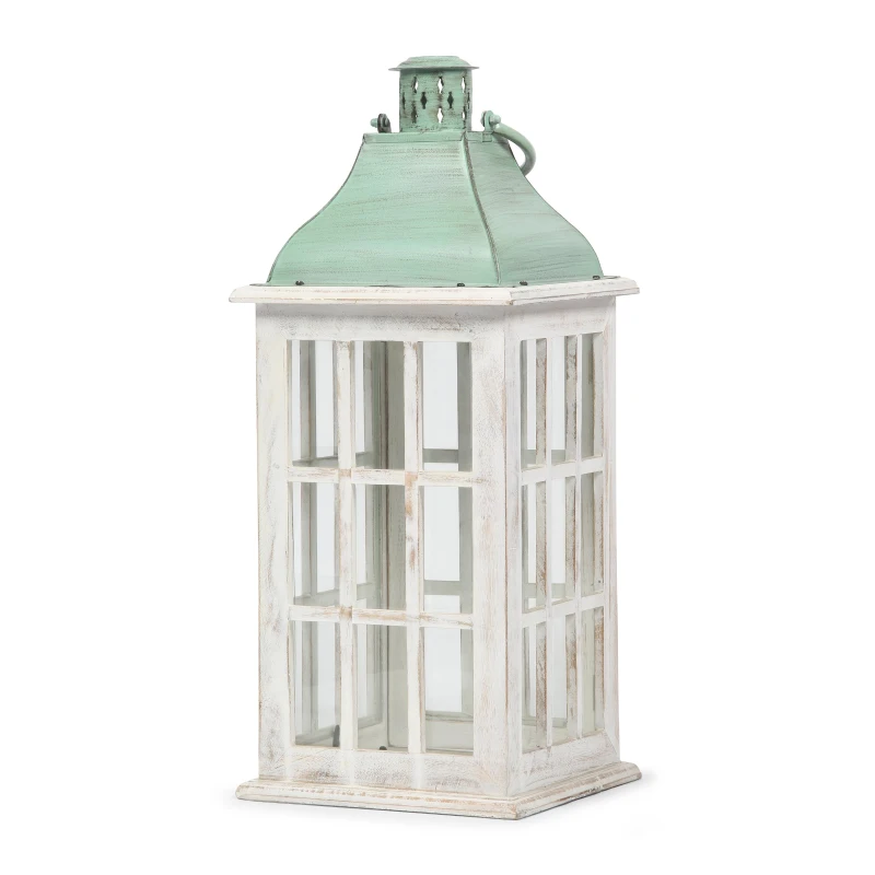 Handcrafted Mango Wood Decorative Lantern with Tempered Glass Panels, Coastal Finish, and Iron Handle, 10.25" L x 10.25" W x 24.5" H, White+Green