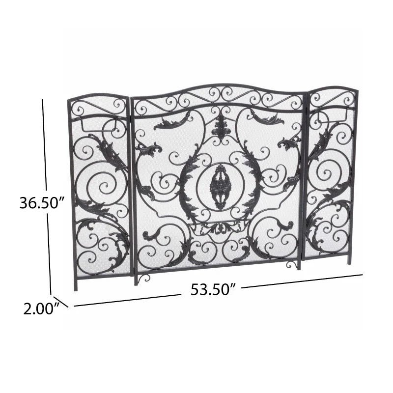 Retro style Fireplace Screen with Ornate Floral Iron Design and Three-Panel, No Assembly Required, 53.5" L x 2" W x 36.5" H, Black+Silver