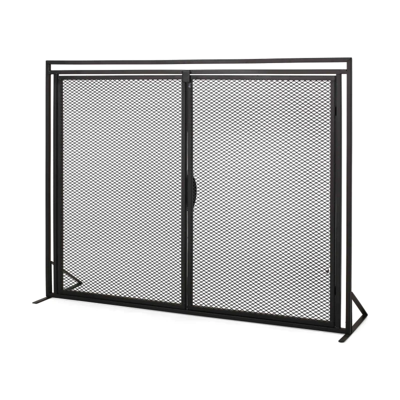 Iron Fireplace Screen with Easy Access Doors, Matte Black Finish, Hand-Crafted Details, 40" L x 10.25" W x 30.5" H, Black