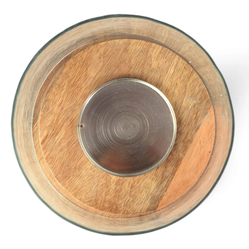 Boho Handcrafted Mango Wood Hurricane Candle Holder with Tempered Glass Cover and Metal Accents, 6.75" x 6.75" x 9.5", Natural