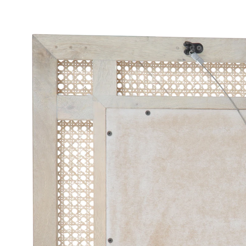 Modern Accent Rectangle Wall Mirror with Mango Wood Frame, Handcrafted Wicker Cane Border, 26.75" L x 1" W x 35.5" H, Natural