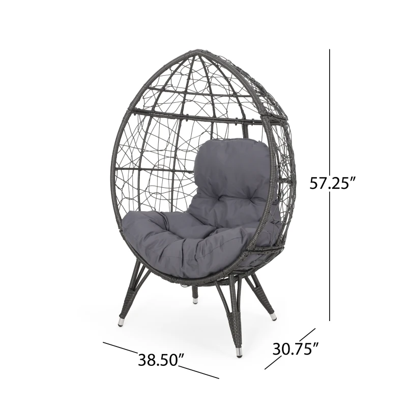 Outdoor Wicker Teardrop Chair with Water-Resistant Cushions, Faux Rattan Iron Frame, Handcrafted Detailing, 38.5" L x 30.75" W x 57.25" H, Gray