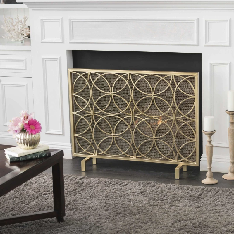 Stylish Single Panel Iron Fireplace Screen With Durable Iron Frame, Modern Overlapping Circle Design, 41.1" L x 9.25" W x 31.1" H, Gold